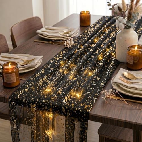 Artscope Lighted Black Gold Gauze Table Runner,Glitter and Foil Table Decor for Weddings Anniversary Birthday and Holiday Party Decorations – 28" x 120" - color: Black Gold
