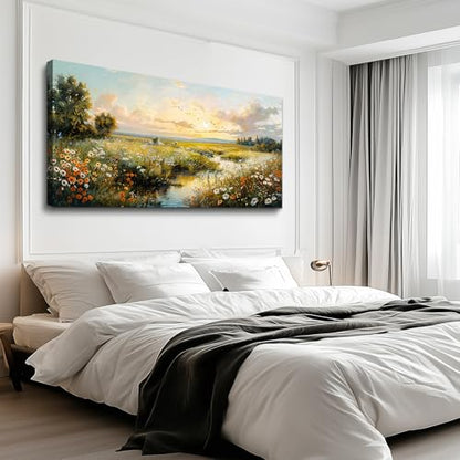 XIGUANGART Nature Landscape Wall Art, Sunset Wildflowers Pictures 20X40 In - color: Pastoral Scenery Paintings, size: 40"L x 20"W