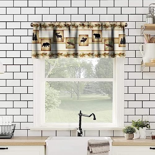 Retro Woodland Valance,Cabin Rustic Lodge Brown Green Pinecone Print Blackout Curtain Valance,Vintage Bear Deer Short Topper Curtain for Bedroom Living Room Kitchen,54x18in - color: Bear-6