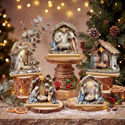 RattanView 5 Pcs Christmas Table Decorations Wooden Christian Religious Decoration Nativity Scene Centerpiece Holy Night Tiered Tray Decor Nativity Scene Christmas Block Signs for Home Kitchen Shelf - style: Nativity Scene