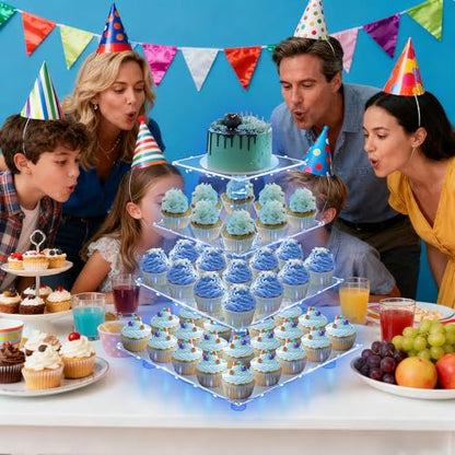 YestBuy 4 Tier Cupcake Stand with Blue Lights, Cupcake Tower Stand 50 Cupcakes - color: Blue, size: 4 Tier Square