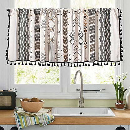 RYNGHIPY Boho Window Valance Cotton Linen Curtain Tiers Farmhouse Window Curtain Topper for Kitchen Living Room Bedroom 55 x 36 Inches Length - color: Cream Black, size: 55"W x 36"L (Pack of 1)
