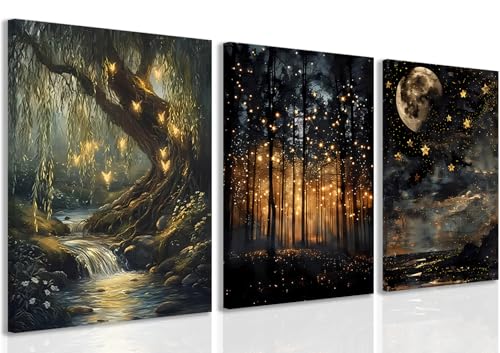 Tranquil Night Forest Framed Canvas Posters Set of 3 Wall Art, Moon Fireflies Print Painting Home Decor Artwork, Creates Peaceful Ambiance for Bedroom Living Room 16x24 inch Wood Framed - color: Black, size: 24"L x 16"W