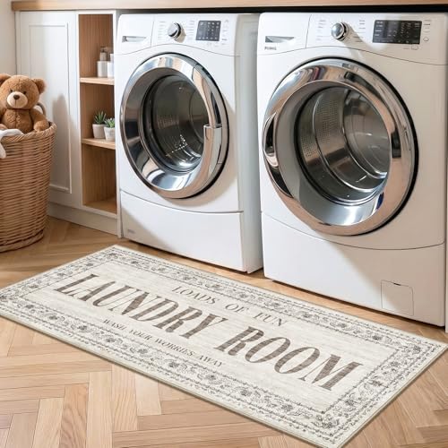 20"x48" Non-Slip Laundry Room Rug: Washable Laundry Room Rug Runner - Stain and Water Resistant Floor Mats Farmhouse Home Decor - Durable Soft Low Pile Carpet for High Traffic Areas 20"x48" Beige - color: Beige, size: 1'8" x 4' (Rectangular)