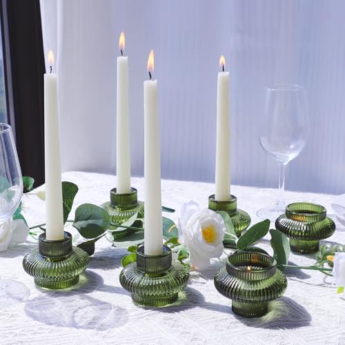 VOHO Green Taper Candle Holders Set of 6, Ribbed Glass Candlestick Holders - color: Green