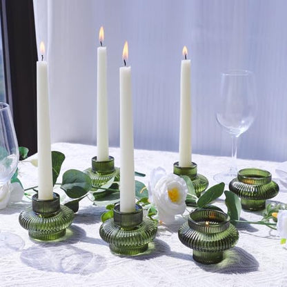 VOHO Green Taper Candle Holders Set of 6, Ribbed Glass Candlestick Holders - color: Green