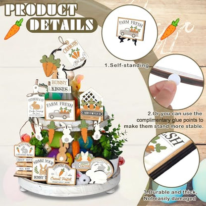 Amyhill 24 Pcs Easter Tiered Tray Decor Bunny Carrot Farmhouse Easter Decorations Spring Tiered Tray Decor Wooden Signs Mini Table Decorations for Home Kitchen Coffee Bar Shelf - style: Fresh Easter