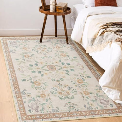 MUJOO 3x5 Rug Washable Floral Area Rugs Non Slip Ultra-Thin - color: Beige, size: 3' x 5' (Rectangular)