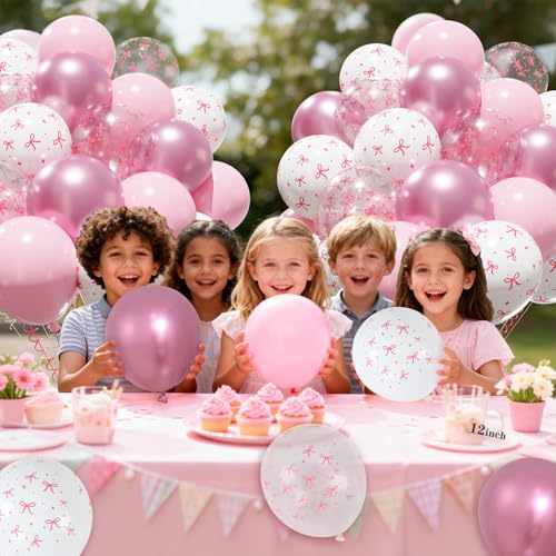 Patimate Pink Bow Balloons Set 50 pcs 12 inch Pink White Print Balloon Kit - color: Pink White Bow
