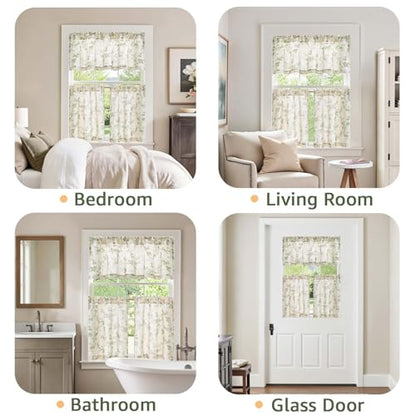 jinchan Green Linen Floral Kitchen Tier Curtains and Valance Set 3 Pieces - color: Alisa | Green on Linen, size: 26"W x 24"L (Pack of 3)