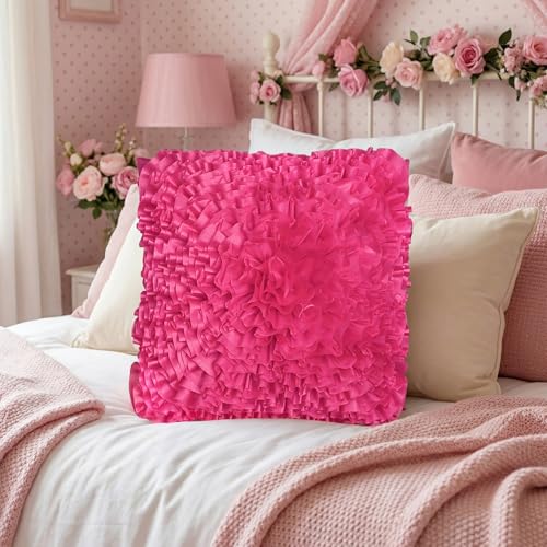 Hot Pink Accent 3D Ruffle Decorative Throw Pillow Covers for Bed Sofa Couch - color: Pink