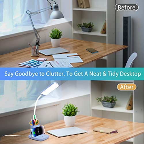 LED Desk Lamp with 10W Wireless Charging & Pen Holder, Blue - color: Blue