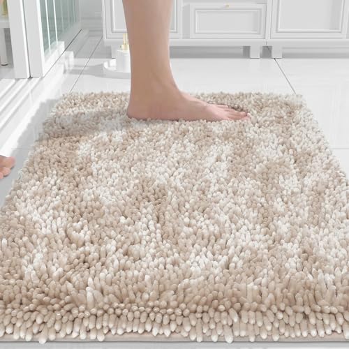 Yimobra Chenille Bathroom Rugs Non Slip, Extra Thick Soft Absorbent Bath Rug, Machine Washable Quick Dry Bath Mat for Bathroom Floor, Tub and Shower, Home Decor Accessories, 24x17, Khaki - color: Khaki, size: 24" X 17"
