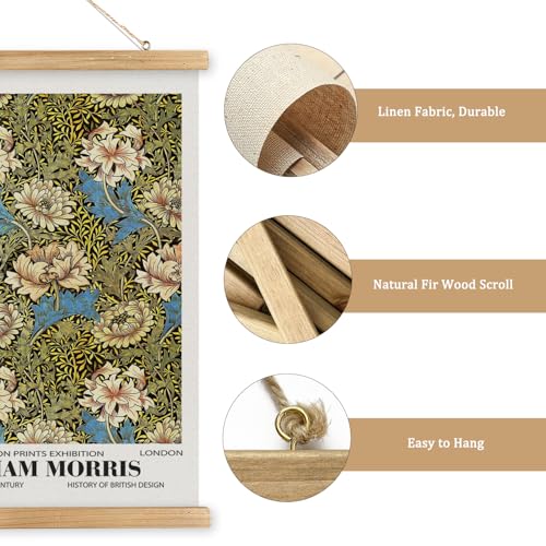 MIDEFINCH William Morris Blue and Cream Floral Linen Canvas Scroll Poster - color: WILLIAM MORRIS A