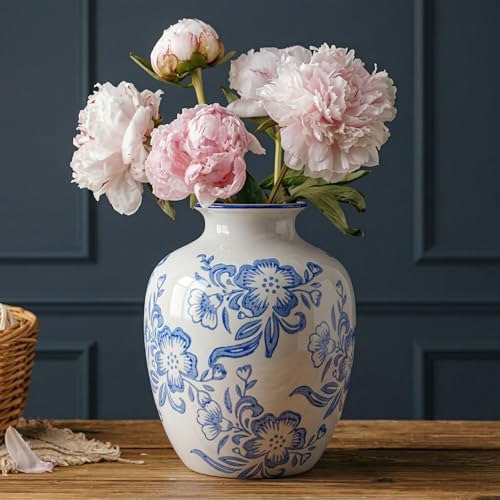 Blue and White Chinoiserie Vase for Home Decor- 7 Inch Ceramic Floral Vase for Pampas Grass, Night Stand, Coastal, Kitchen Island, Dining Table Decor - color: Blue and White