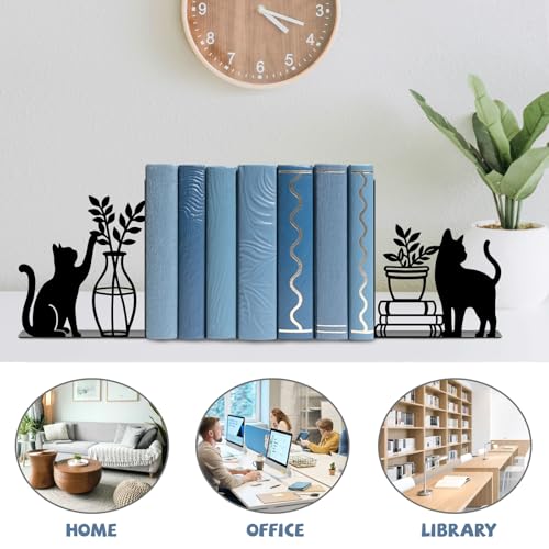 Metal Bookends Cat and Vase Book Ends for Shelves - color: Black - 1 Pair Cat & Vase