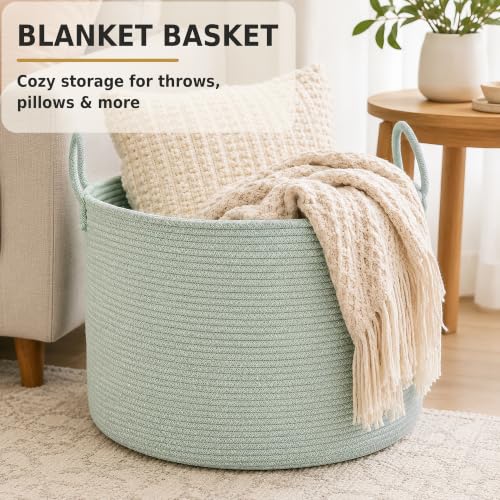 XUANGUO 66L Large Blanket Basket, Round Cotton Rope Basket, Light Green - color: light green