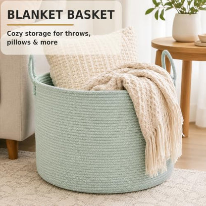 XUANGUO 66L Large Blanket Basket, Round Cotton Rope Basket, Light Green - color: light green