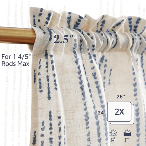 jinchan Linen Striped Tier Curtains for Kitchen Windows Blue Beige 26 x 24 - color: Boho Blue | on Beige, size: 26"W x 24"L (Pack of 2)