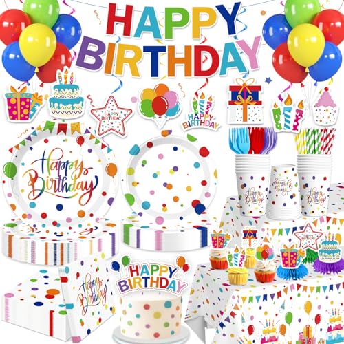 Xynic 214 Pcs Colorful Birthday Decorations Girl Tableware Set, Serves 25