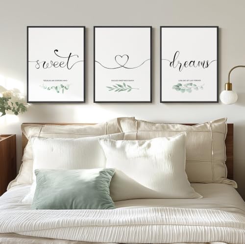 Framed 3 Piece Sweet Dreams Minimalist Canvas Wall Art Bedroom, 12x16 Inch | Sweet dreams sign, 3 piece, Canvas print, Modern minimalist pictures, Black and white artwork, Master above bed wall decor - color: Black and White