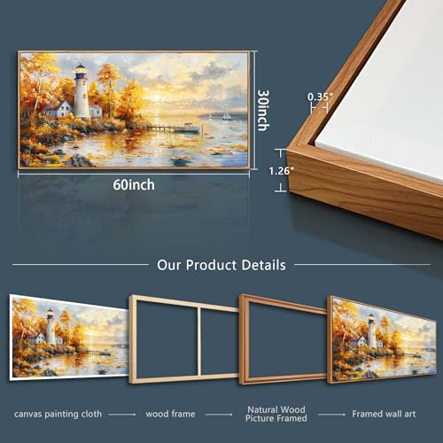 Ocean Beach Canvas Wall Art for Bedroom Lighthouse Seascape Painting 30x60 - color: Lighthouse Painting Wood Framed, size: 60"L x 30"W