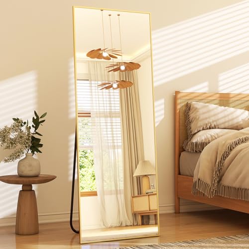GLSLAND 58"x18" Full Length Mirror Full Body Mirror Freestanding Hanging or Leaning Rectangle Floor Mirror Aluminum Alloy for Bedroom Bathroom Living Room,Gold - color: Gold, size: 58"L x 18"W