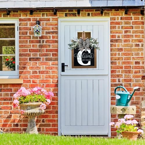 Last Name All Year Round Front Door Wreath with 26 Initial Letter Welcome Sign All Seasons Eucalyptus Garland and Bow ，Farmhouse, Porch, for Spring Summer Fall All Seasons Holiday Halloween Christmas.（C） - color: C