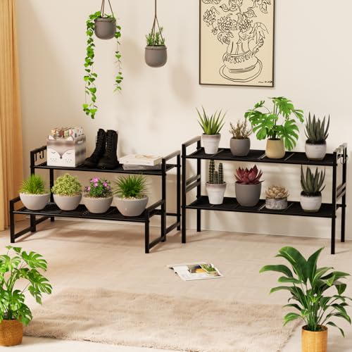 Garden 4 you 2 Tier Metal Stackable Plant Stand, Flower Pot Holder - color: Black, size: 27.5"L x 9.6"W x 16"H