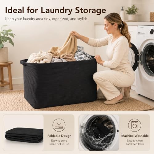 OIASKET 95L Extra Large Blanket Basket, 24" x 16.9" x 14.2" Woven Basket - color: Black, size: 24"x16.9"x14.2"