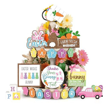Marsui Easter Tiered Tray Decor Happy Easter Tiered Tray Ornament Rustic Farmhouse Spring Sign Bunny Truck Gnome Egg Wooden Sign for Home Table Decor(Chic Style) - style: Chic Style