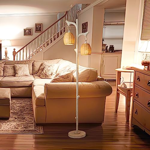 Scenekoy 68" Tall Floor Lamp with Wicker Drum Shade, Foot Switch Dimming - color: Washed White