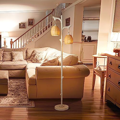 Scenekoy 68" Tall Floor Lamp with Wicker Drum Shade, Foot Switch Dimming - color: Washed White