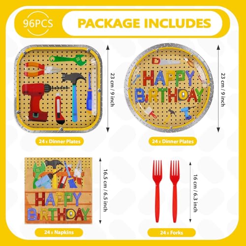 96 Pcs Tools Birthday Handyman Tool Party Decorations, Serves 24 - style: Color Tool Birthday Plates