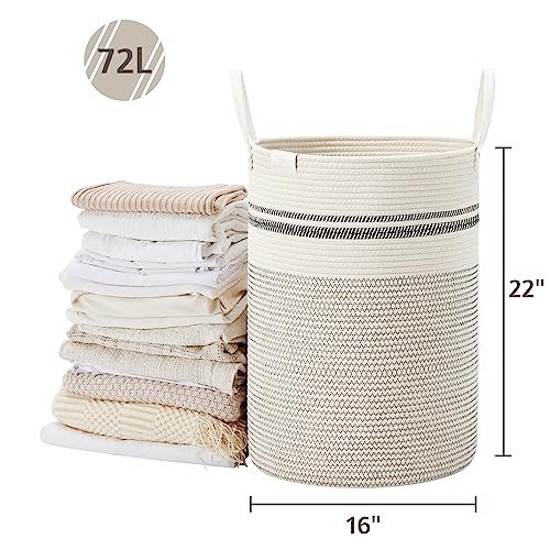 VIPOSCO 72L Tall Woven Rope Laundry Hamper, Leather Handles, Stripe White - color: Stripe White, size: 72L