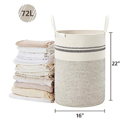 VIPOSCO 72L Tall Woven Rope Laundry Hamper, Leather Handles, Stripe White - color: Stripe White, size: 72L