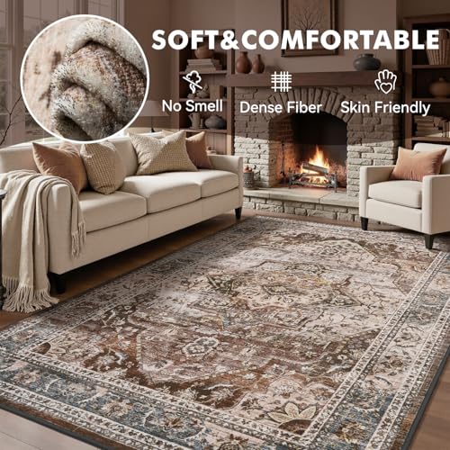 5x7 Area Rugs for Living Room Rug Brown Bedroom Rug Carpet Washable Neutral Vintage Dining Room Rugs for Under Table Soft Comfortable Non Slip - color: Brown Multi, size: 5' x 7' (Rectangular)