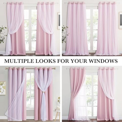 Light Pink Blackout Curtains with White Sheer Overlay for Girls Bedroom - color: Light Pink, size: 52"W x 84"L (Pack of 2)