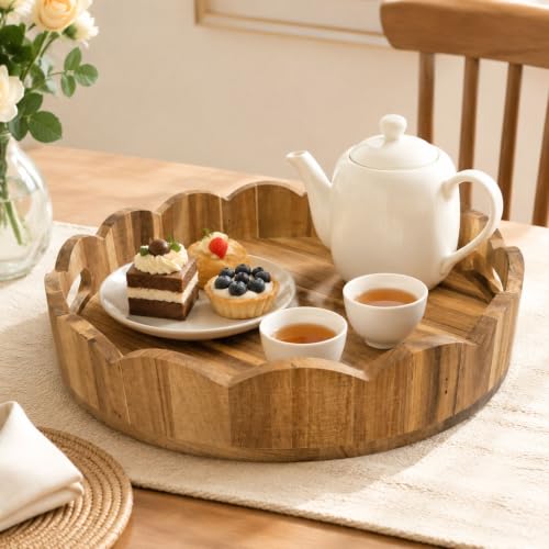 AnyDesign Brown Wooden Scalloped Serving Tray with Handles, 12.6 Inch