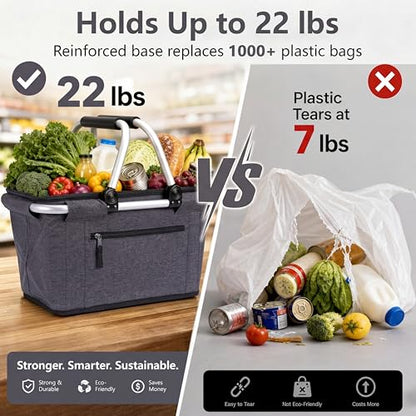 Picnic Basket, SIYUAN Collapsible Market Basket Insulted Cooler with Handles 27L Large Farmers Grocery Basket with Lid Portable Tote Bag, Black - color: Dark Black
