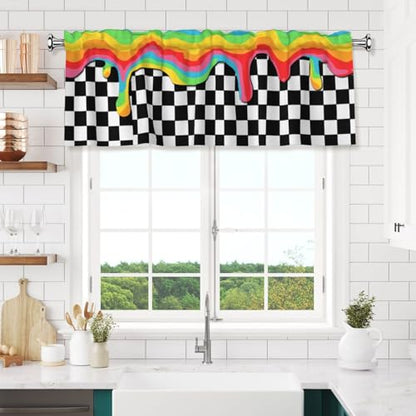 Rainbow Checkerboard Curtain Valance Short Rod Pocket Window Treatment for Living Room Bedroom Kitchen Bathroom 1 Panel 54" W x 18" L - color: Rainbow Checkerboard