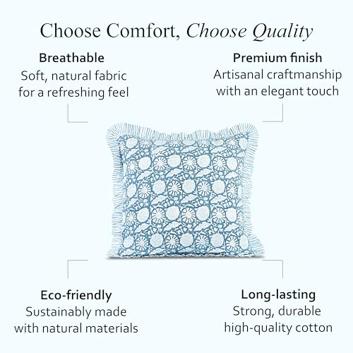 CPC Blue Meadow Block Print Ruffle Pillow Cover 18x18 Inch, Pack of 2 - color: Blue Meadow, size: 18" x 18" (Pack of 2)