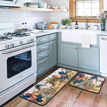 Rooster Kitchen Rugs and Mats Set of 2, Non Slip Washable Kitchen Runner Rug, Farmhouse Chicken Kitchen Floor Mats, Rustic Country Kitchen Rug Set for Sink, Laundry Room, 17"x30"+17"x47" - color: Rooster