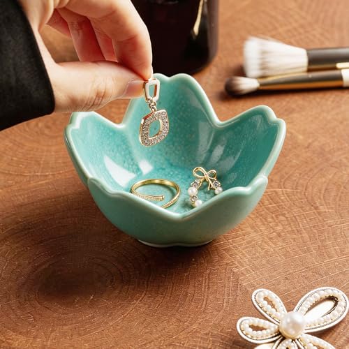 Floral Ceramic Jewelry Tray, 3.5" Ring Holder Trinket Bowl - color: cyan