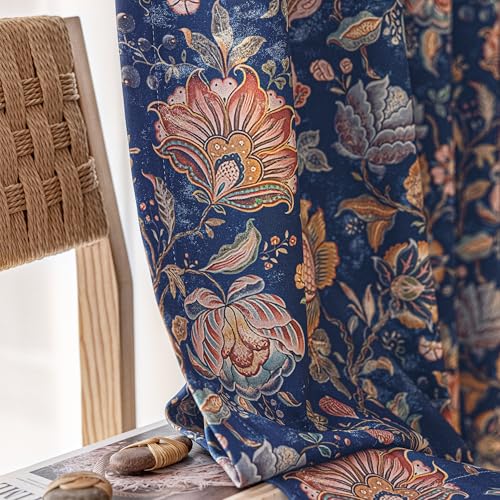 FMFUNCTEX Blue Boho Blackout Floral Curtains, 52X72 Inches, 2 Panels - color: Blue, size: 52"W x 72"L (Pack of 2)