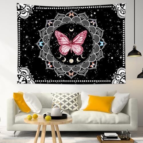 LB Butterfly Mandala Wall Tapestry Pink Butterfly Black and White Mandala Bohemian Tapestry Wall Hanging Star Moon Phase Aesthetic Wall Art Decor for Bedroom Living Room Decor Home Decor 80Wx60L Inches - color: Pink, size: 60"L x 80"W