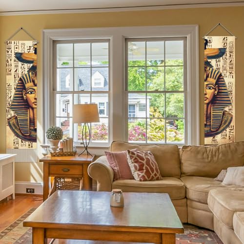 AHANDMAKER Pack of 2 Ancient Egyptian Pharaoh Tapestries, Vertical Old Hieroglyphs Long Aesthetic Tapestry, Doorway Curtain Tassel Wall Hanging for Bedroom Living Room, 13 x 51 Inch - color: Egyptian Pharaoh