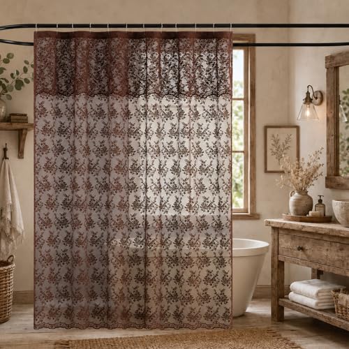 TUDECO Lace Brown Shower Curtain with Attached Valance, 72 x 72 Inch - color: Dark Brown, size: 72"W x 72"L (Pack of 1)
