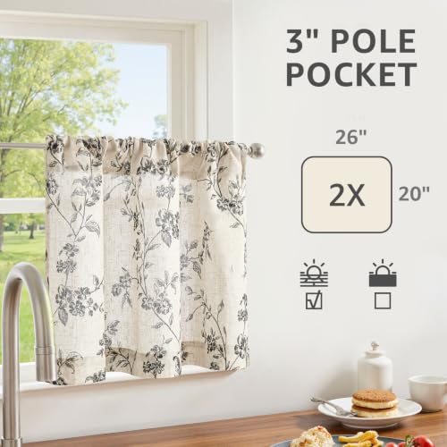 jinchan Floral Linen Kitchen Tier Curtains, 20 Inch, 2 Panels, Black - color: Alisa Black, size: 26"W x 20"L (Pack of 2)
