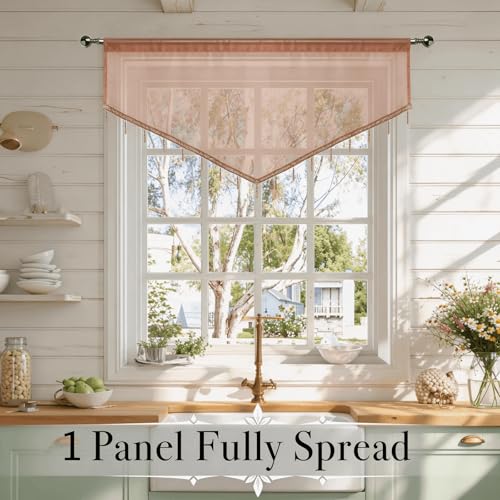 WUBODTI Brown Beaded Sheer Valance Curtains for Kitchen 3PCs, Rod Pocket Boho Crystal Beads Tassel Lace Swag Curtains Farmhouse Sheer Window Valance for Living Room Bedroom Bathroom, Each W51 x L24 - color: Brown